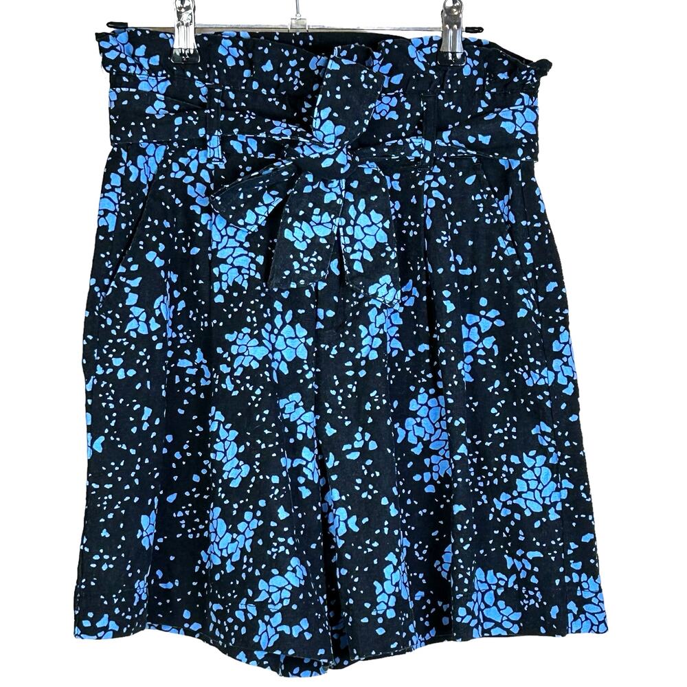 Who What Wear Paper Bag Shorts Size 2 Black Blue Coastal Linen Rayon Belted